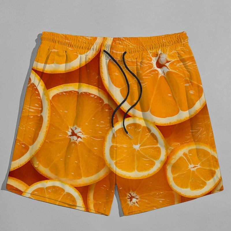남녀공용 3D 프린트 과일 오렌지 짧은 바지, 캐주얼 패션, 빠른 건조, 시원한 해변 반바지, 여름 수영 트렁크 의류