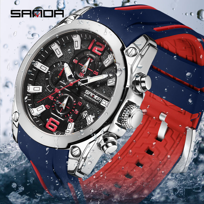 Sanda 2024 jam tangan kuarsa silikon pria, jam tangan Fashion baja tahan karat tahan air kualitas tinggi 5305