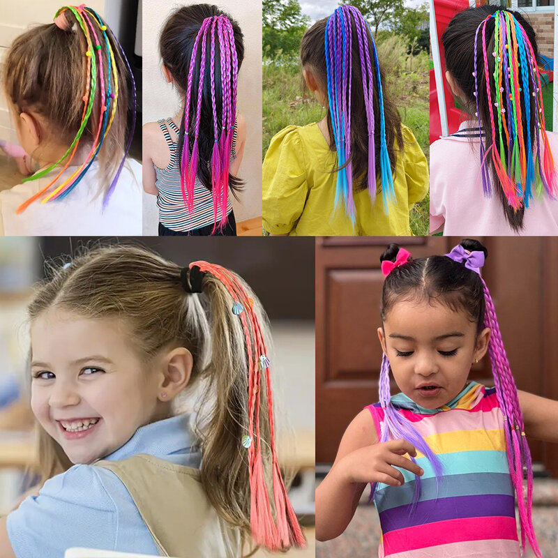Sintético colorido tranças cabelo extensões com bandas de borracha arco-íris trançado hairpieces, rabo de cavalo cabelo acessórios para meninas