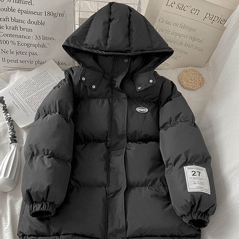 여성용 따뜻한 포켓 후드 면 코트, 우아한 인스 재킷, 루즈 솔리드 스위트 여성 오피스 레이디 아웃웨어 버블 코트, 2023 겨울 신상