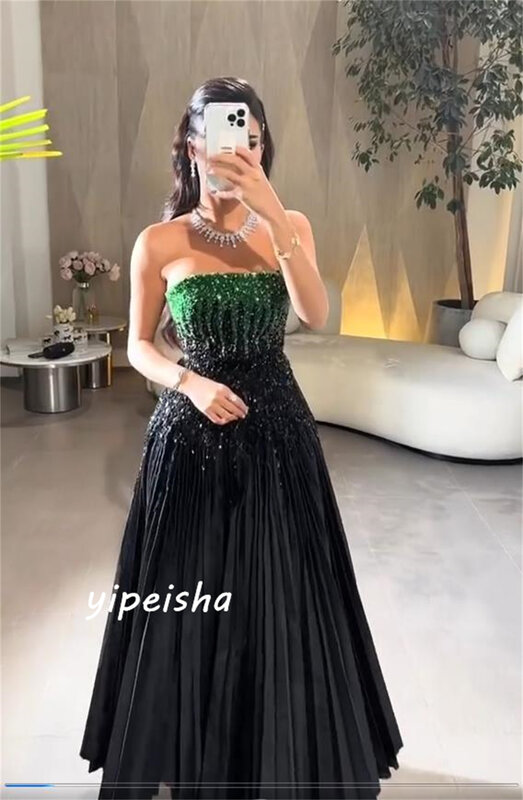 Evening Ball Dress Saudi Arabia Jersey Draped Pleat Sequined Birthday A-line Strapless Bespoke Occasion Gown Midi Dresses