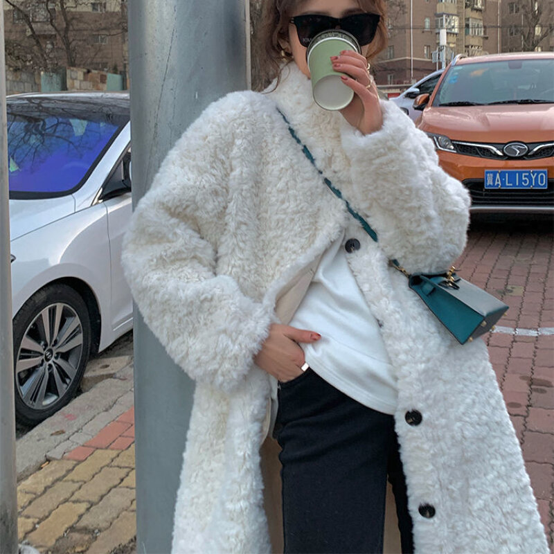 Futro jagnięce płaszcz z trawy dla kobiet koreańska wersja 2023 średniej długości luźny, stojący płaszcz wełniany płaszcz damski