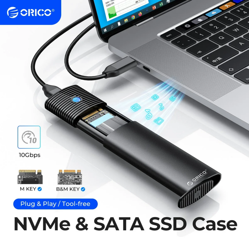 ORICO-Adaptador de carcasa SSD M.2 NVMe SATA, sin herramientas, USB C 3,2 Gen 2, 10gbps, NVMe 5Gbps, NGFF, SATA PCIe con disipador de calor de Metal