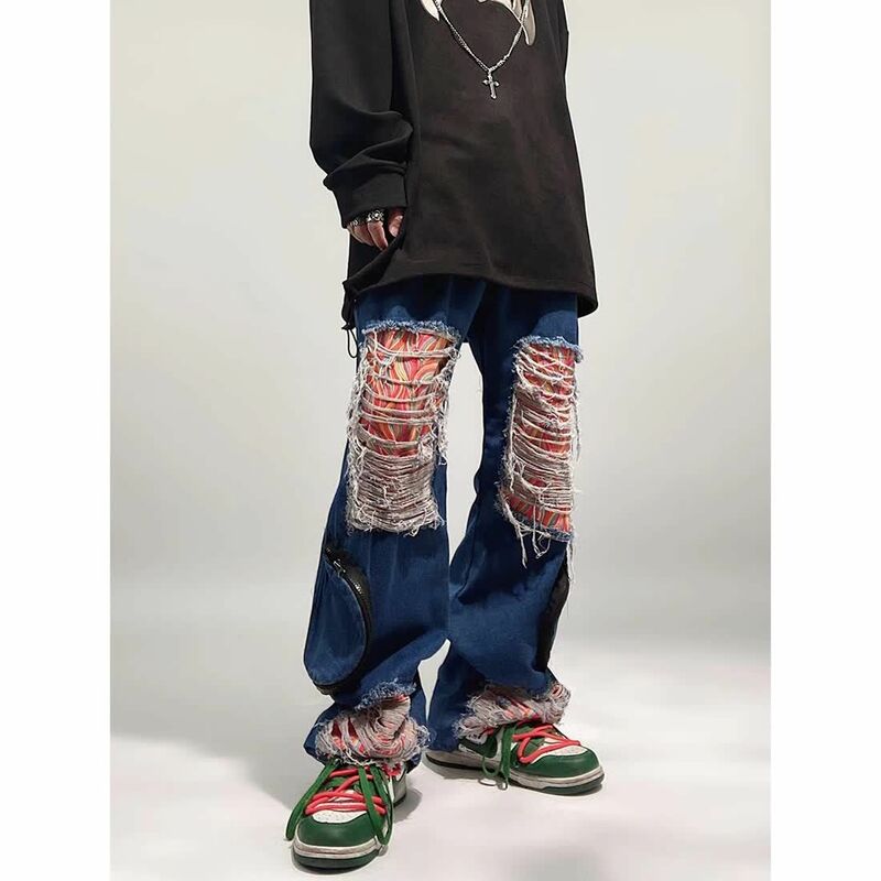 Vintage American high street hip hop ins loose plus-size ripped patch jeans gothic straight mop trousers hipster hipster y2k