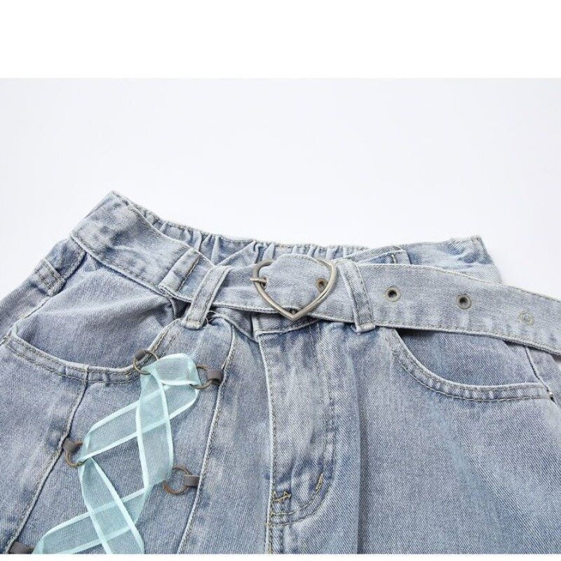 Женские джинсы с широкими штанинами и завязками-бантиками, модные однотонные свободные универсальные прямые джинсы в Стиле Лолита на молнии и пуговицах, в стиле пэчворк, Осень-зима