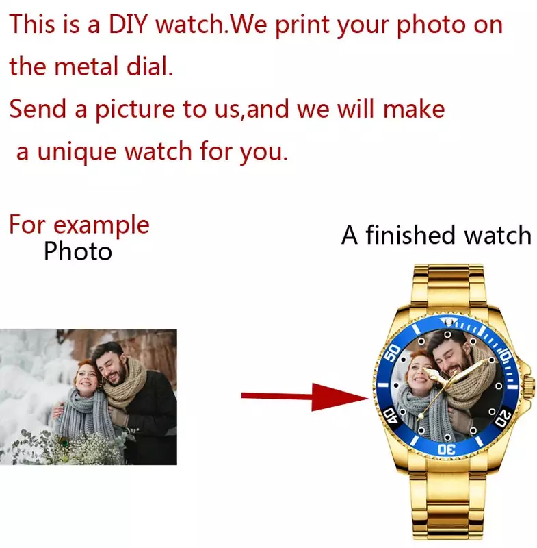 Золотые мужские часы с фотографией на заказ, часы из нержавеющей стали с принтом изображения, часы с логотипом, фотография, индивидуальные наручные часы