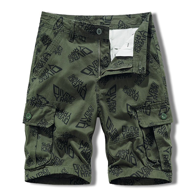 Men's Loose Cargo Shorts Male Vintage Letter Print for Summer Beach Shorts