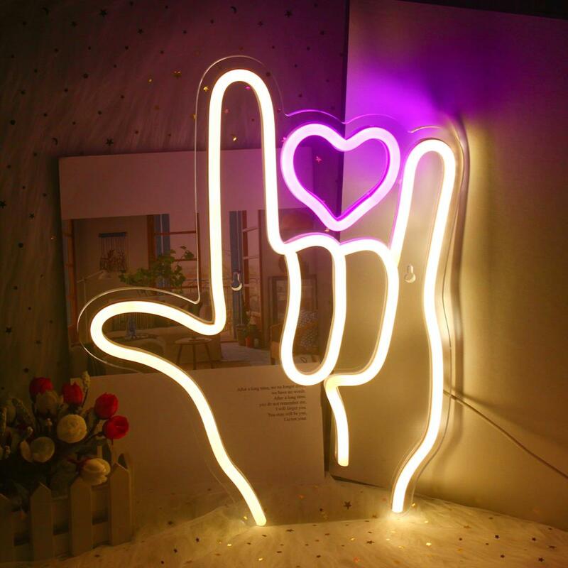손가락 하트 네온 사인 LED 조명, 창의적인 제스처, 아트 룸 장식, 파티 바, 웨딩, 침실, 축제, 벽걸이 램프