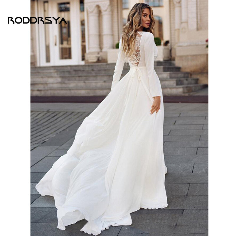 RODDRSYA Boho Chiffon Illusion Back Long Sleeve Wedding Dress 2023 Simple V-Neck Appliques Bridal Gown Sashes Vintage Bohemian