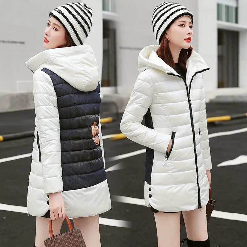 2022 zima nowy puchowy płaszcz bawełniany damski koreański Fashion Slim w stylu Casual, wyściełana kurtka damska z nadrukiem długa, ciepła kurtka z bawełny