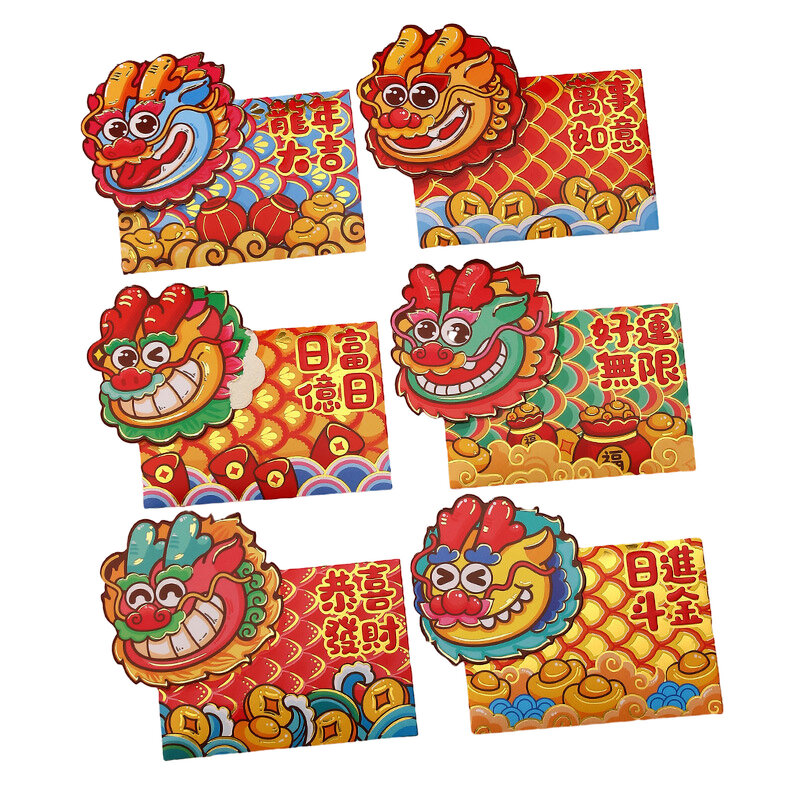 Sobres Rojos del Año del Dragón para decoración del hogar, paquetes rojos de la suerte, Festival Chino de primavera, año Lunar, 6 piezas, 2024