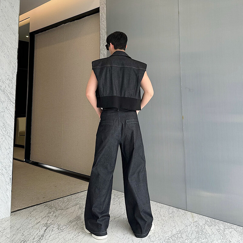 NOYMEI-Conjunto jeans de duas peças masculino, colete sem mangas, calças de perna larga, design de nicho, estilo americano, preto, peito único, WA4478