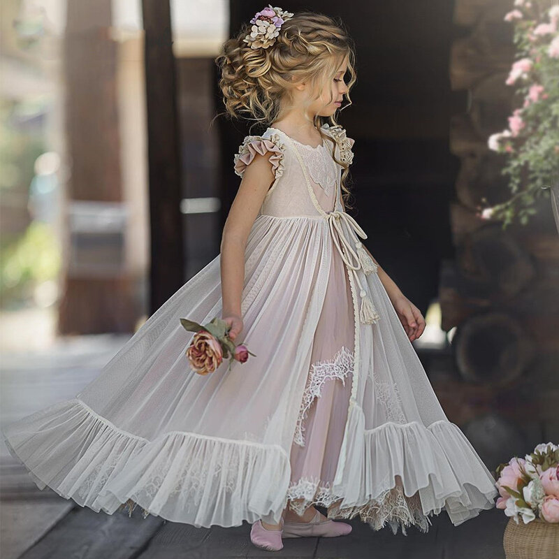 Vestido de flores con hombros descubiertos para niña, traje de boda con lazo, apliques hinchados, vestidos de baile de primera comunión