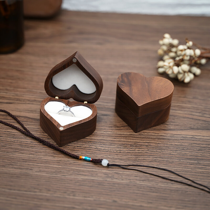 Caixa de jóias de madeira em forma de coração caixa de jóias proposta caso de presente de casamento exibição de jóias de armazenamento organizador brinco anel colar caixa