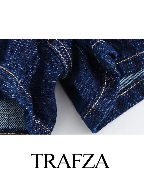 TRAFZA 2024 Woman's Streetwear Asymmetrical Short Pants Denim Blue Mid Waist Pocket Button Summer Shorts Woman Trendy Traf