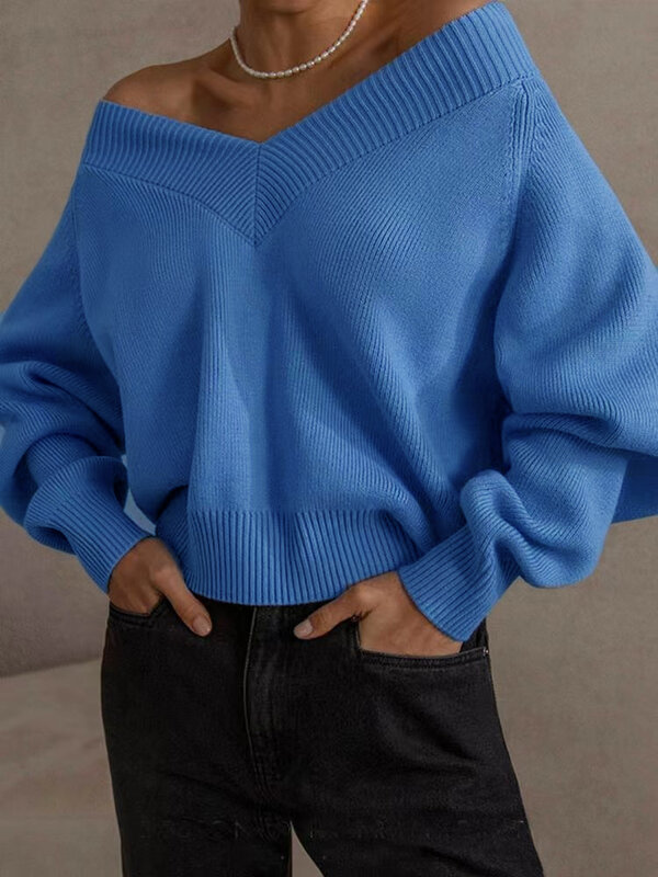 새로운 한국 패션 단색 V 넥 긴 소매 탑 스웨터 여성용, 간단한 느슨한 캐주얼 풀오버 블루 그린 니트 스웨터