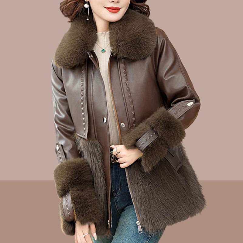 Женская одежда, осенне-зимняя куртка из искусственного лисьего меха с большим меховым воротником, Толстая теплая женская кожаная куртка, облегающее меховое пальто, женская парка