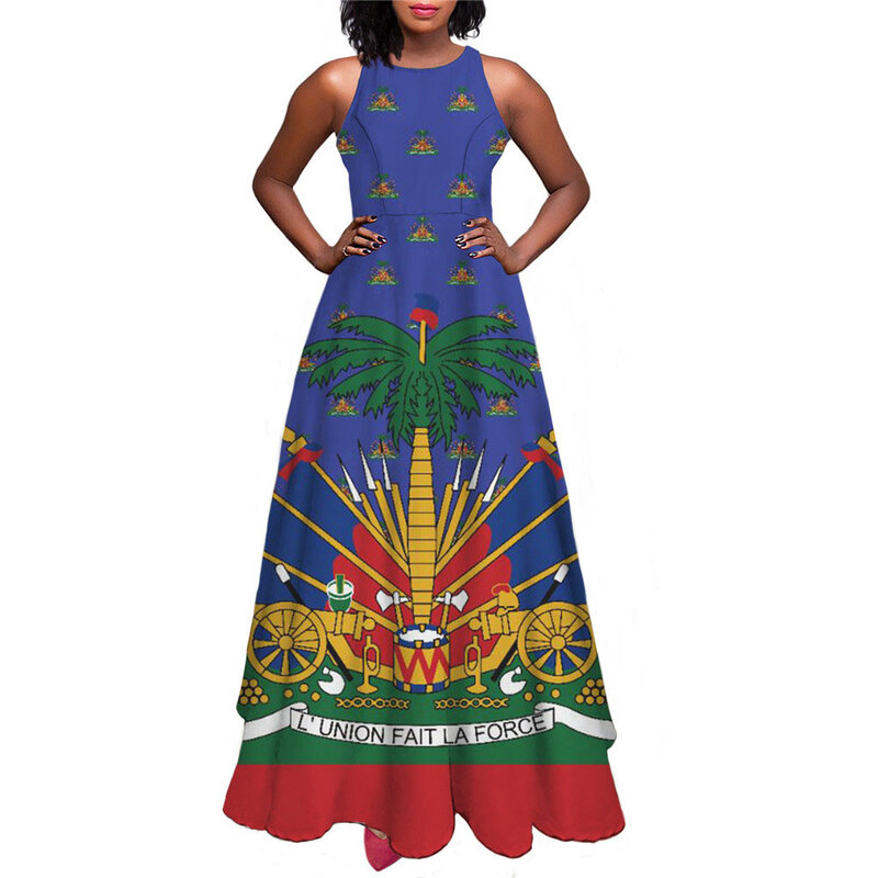 Haiti Flag Print Luxury Designer Women Summer Spring Maxi Dress Ladies Sexy Sundress Casual Sleeveless Long Woman Dresses Mujer
