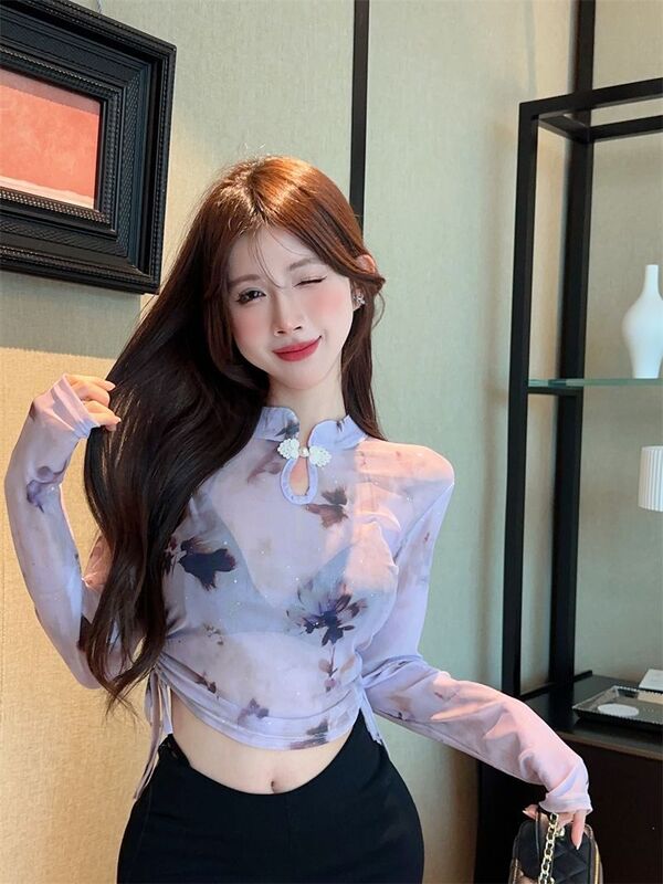 Korea Mesh Top Women Trend Fashion Graphic T Shirts Long Sleeve Turtleneck See Through Tshirts Gothic Clothes