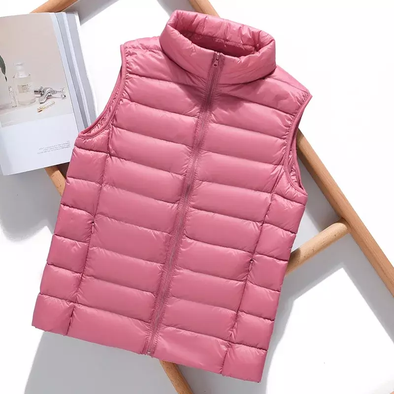 여성용 민소매 초경량 다운 조끼, 따뜻한 겨울 단색, 90% 화이트 덕 다운 재킷, 여성 웨어러블 조끼 코트