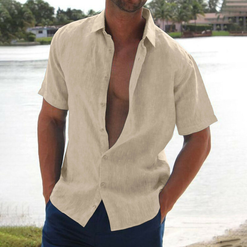 Chemise décontractée en coton et lin pour hommes, t-shirt à manches courtes, printemps, été, beau, 2023