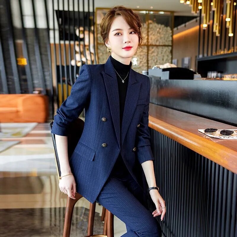 여성용 세련된 블랙 블레이저 세트 재킷, 전문 정장 복장, 한국 작업 블레이저 코트, 오피스 레이디 세트 탑, 2024 신상