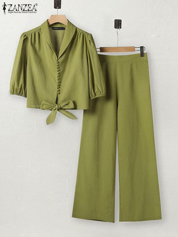 ZANZEA-Conjunto de pantalones elegantes OL para mujer, 2 piezas, top de media manga con cuello en V, pantalones de pierna ancha, chándal de trabajo sólido
