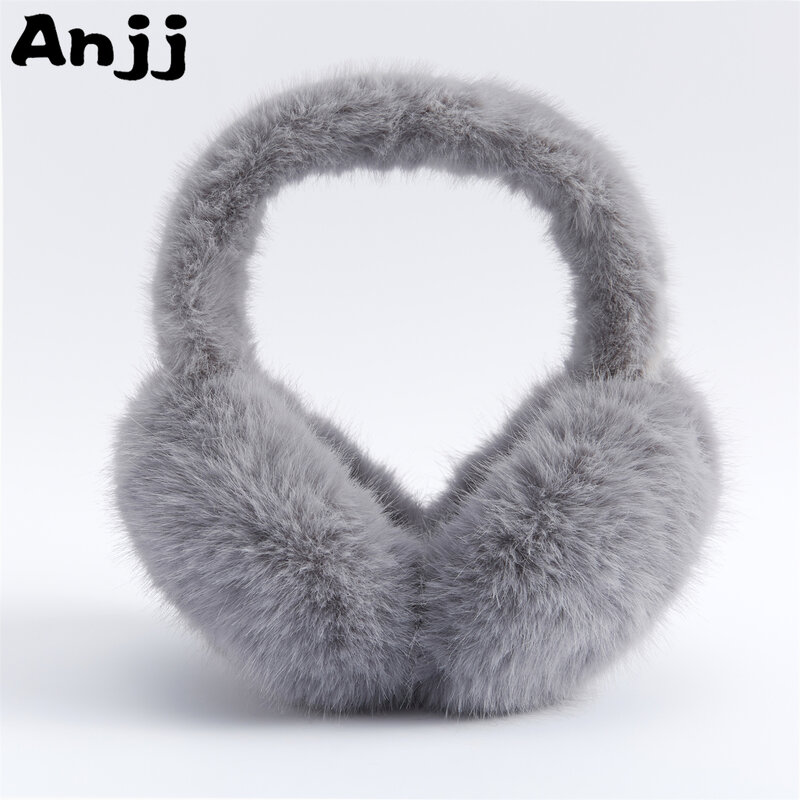 Anjj New Grey Foldable Earmuffs Fashion Cute High Quality Plush Thermal Earmuffs for Woman Man Christmas Present
