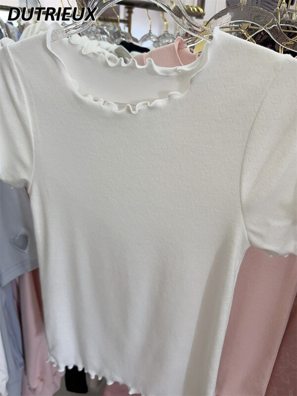 T-shirt de manga curta com gola redonda para meninas, cor sólida, slim-fit, babados, fofos e doces, para o verão