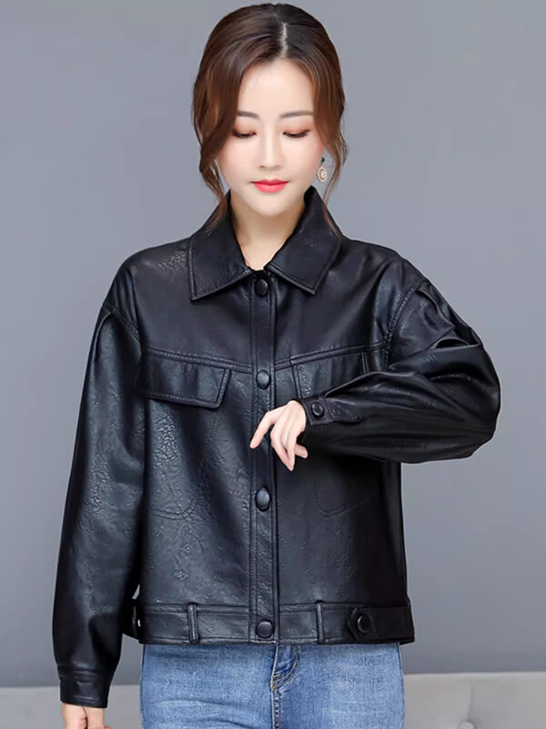 New Women Spring Autumn Leather Jacket Fashion Single Breasted Long Sleeve Sheepskin Jacket Split Leather Casual Short Coat