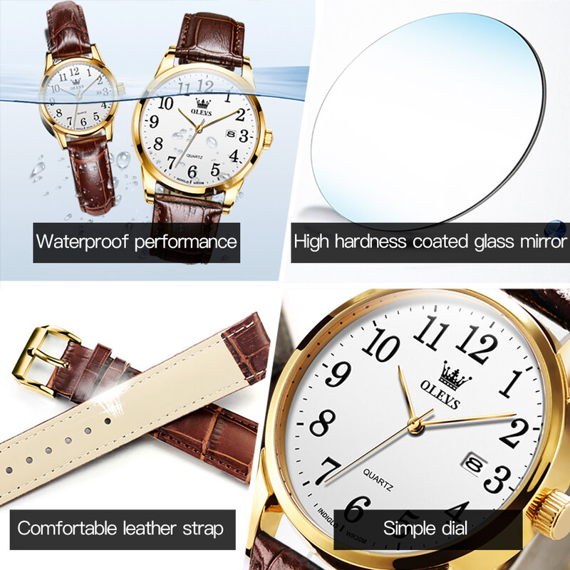 OLEVS-Montre-bracelet avec bracelet en cuir pour hommes et femmes, montres étanches pour couples d'affaires, horloge simple, date, cadran