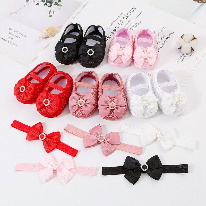 赤ちゃんと女の子のための洗礼靴とヘッドバンドのセット,0〜12mのリボン付きの織り靴,最初のステップ