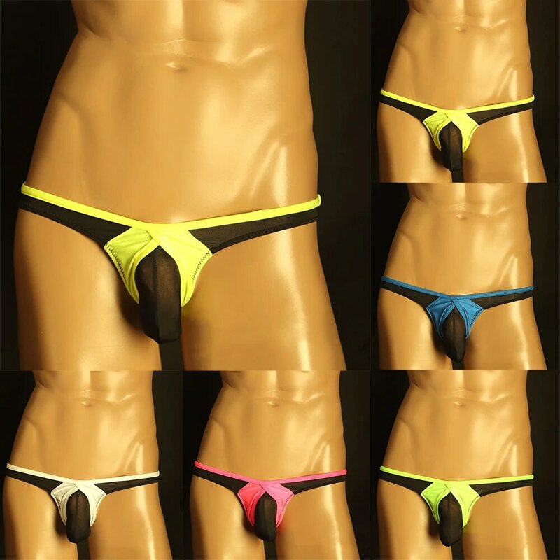 Roupa interior de malha de seda de gelo masculina, cueca sexy, cintura baixa, G String, calcinha tanga, branco, rosa, amarelo, azul, verde, M 2XL