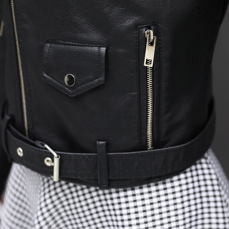 Black PU Leather Motorcycle Jacket for Women, Short Streetwear Coat, Korean, Spring, Autumn, Winter, New, 2022