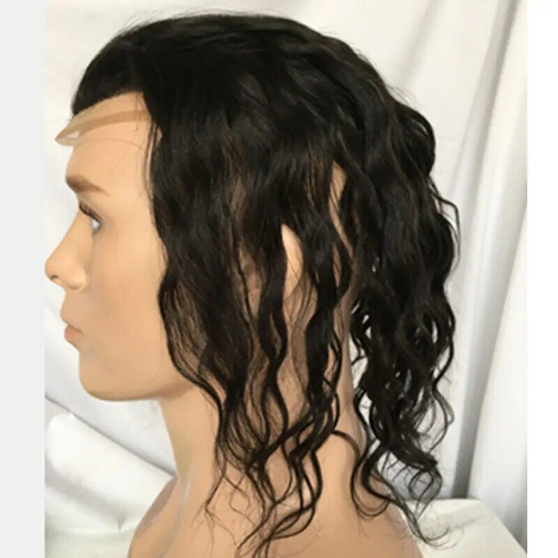 Tupé de pelo largo para hombres, sistema de reemplazo de cabello humano virgen 100%, onda Natural, tamaño de Base 10 "x 8", Color negro Natural, 12"
