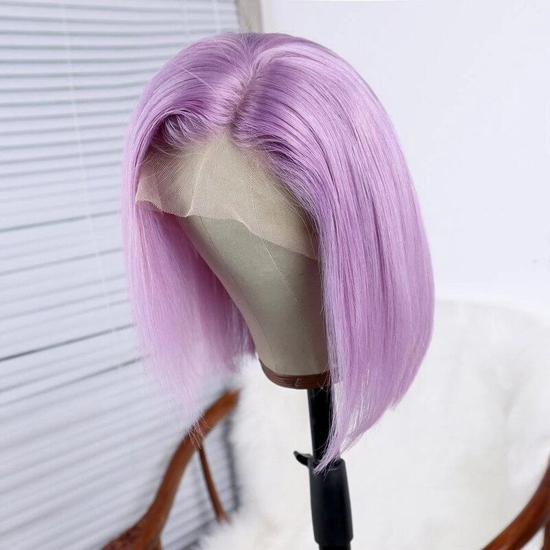 Perruque Bob Lace Front Wig péruvienne naturelle, cheveux courts lisses, violet, 13x4, 100% cheveux humains, pre-plucked, pour femmes