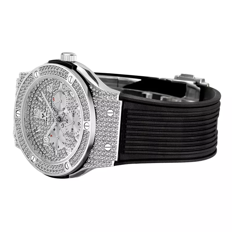 Bezpłatne Dropshipping męskie zegarki Top marka luksusowe diament moda kwarcowy zegarek mężczyźni wodoodporna czarna guma sportowy zegarek XFCS