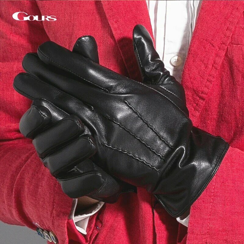 Gours Winter Genuine Leather Gloves Men Black Real Goatskin Finger Gloves Fashion Brand Driving Mittens Warm New Arrival GSM030