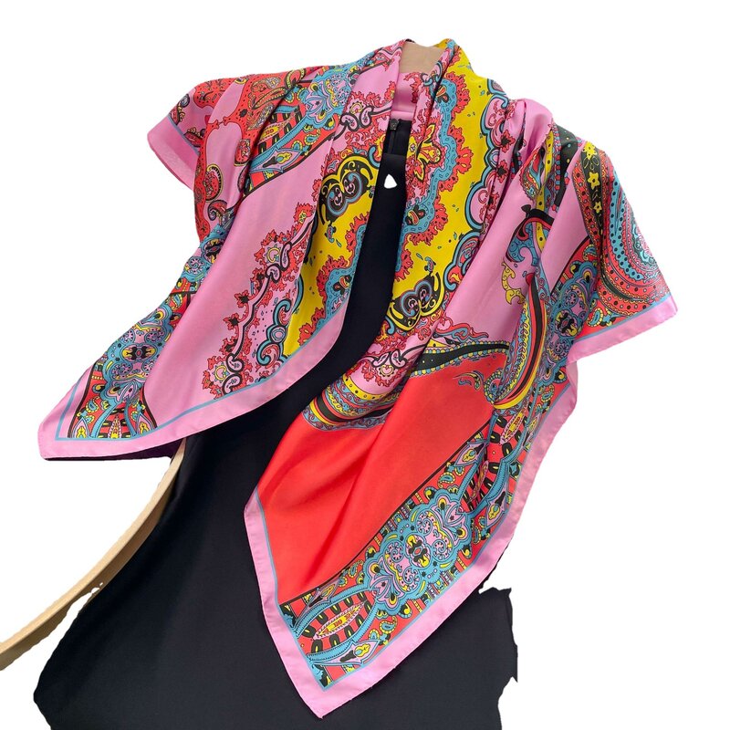 Lenço de seda com estampa leopardo para mulheres, xale de cetim foulard, bandana de cabelo quadrada, lenços de cabeça, tamanho grande 90*90cm, moda