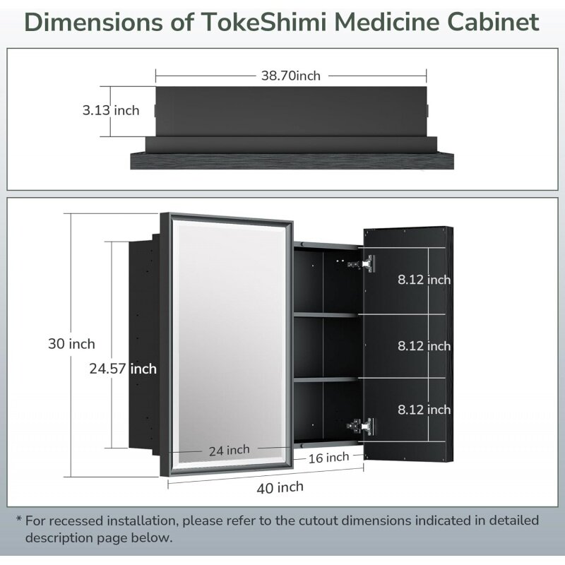 TokeShimi Medicine Cabinet 40x30 in Bathroom Vanity Mirror Silver Metal Framed Recessed Surface Wall Mounted with Aluminum Alloy