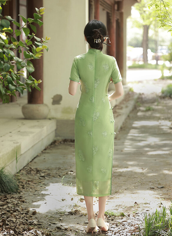 시폰 자수 개선 중국 여성 치파오, 섹시한 반팔 치파오, 레트로 스위트 데일리 파티 드레스