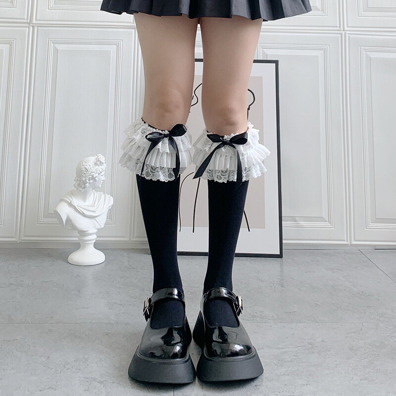 Lolita kaus kaki nilon renda setinggi lutut, stoking katun renda peri simpul kupu-kupu motif kartun untuk anak perempuan