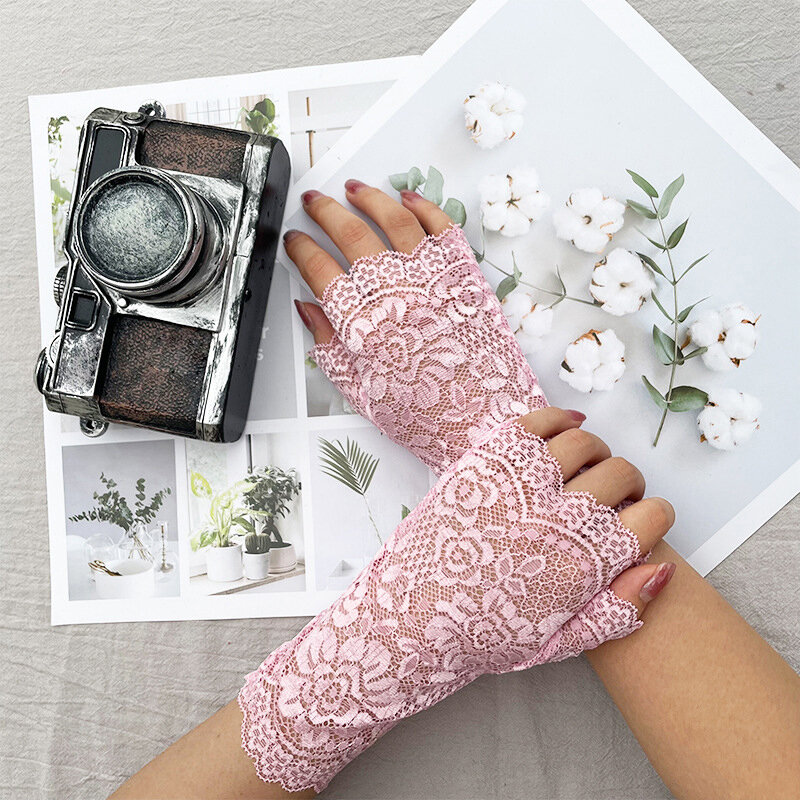 Damskie koronkowe kwiatowe rękawiczki bez palców z filtrem przeciwsłonecznym letnie kolarstwo na świeżym powietrzu jazda ochrona przed słońcem siateczkowe rękawiczki panna młoda rękawica z pół palcami