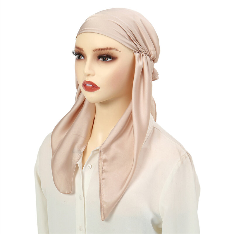 Turbante de satén de Color liso para mujer, bufanda preatada, pañuelo elástico para la cabeza, Bandana preatada, Hijab musulmán