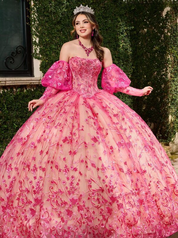 Vestidos Quinceanera Prom com manga destacável, Apliques clássicos de renda, Princess Long Pink, Elegante Sweet 16 Dress