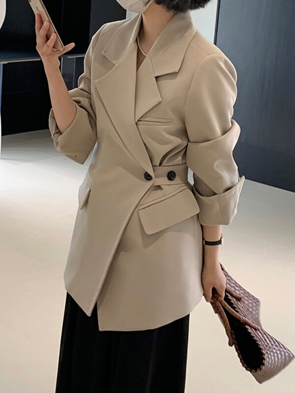 LANMREM-Chaqueta asimétrica de cintura fruncida para mujer, chaqueta lisa de manga larga para oficina, a la moda, novedad de primavera 2024, 26D8947