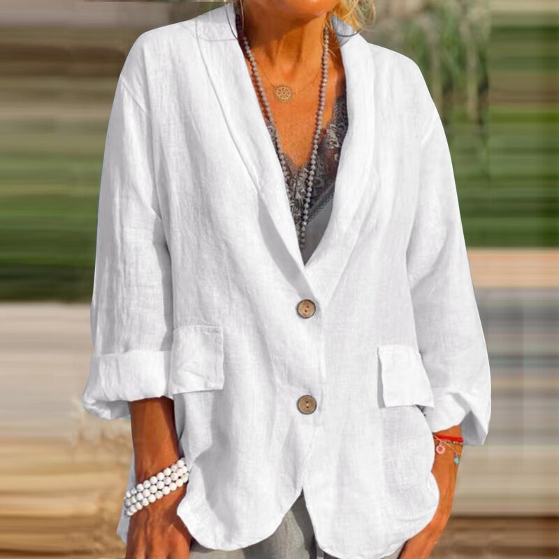 Camisa de linho algodão vintage feminina, tops casuais, manga comprida, camisas de seda soltas, casaco largo, branco, outono