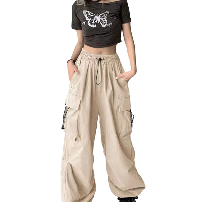 Damskie kieszenie w stylu vintage Cargo spodnie wysokiej talii Streetwear luźne spodnie z szerokimi nogawkami Y2k wzór ze sznurkiem zieleń wojskowa