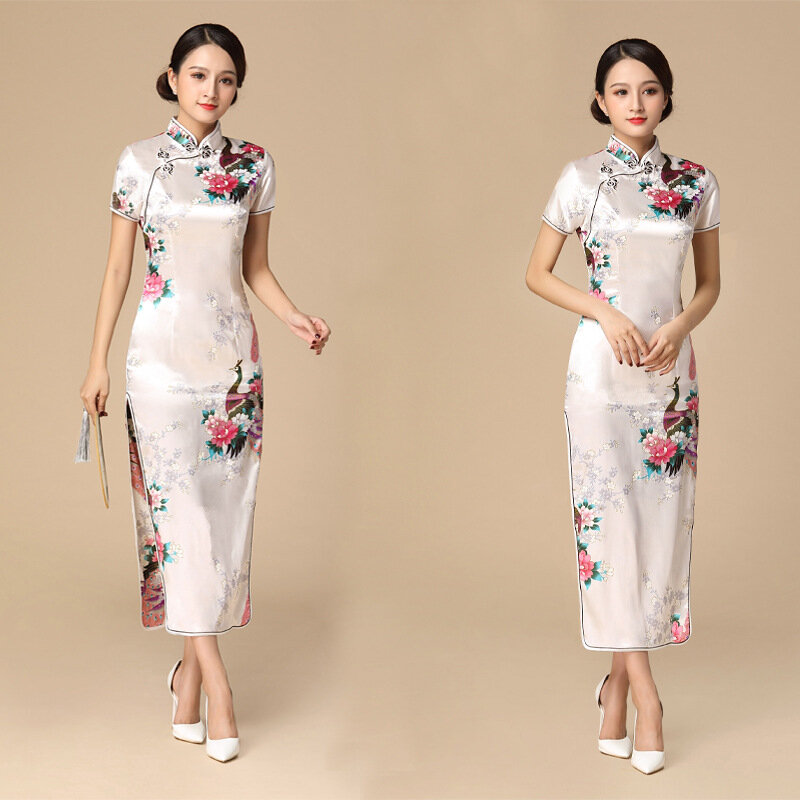 Print Pauw Sexy Split Qipao Vestidso Vrouwen Satijn Cheongsam Chinese Traditionele Mandarijn Kraag Avond Party Dress