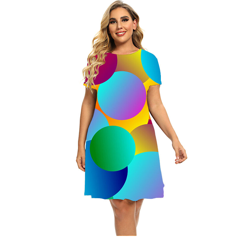 Gaun Gambar 3D Gradien Pelangi Elegan Wanita Baru 2023 Mode Grafik Geometri Gaun Lengan Pendek Musim Panas Pakaian Ukuran Plus 6XL